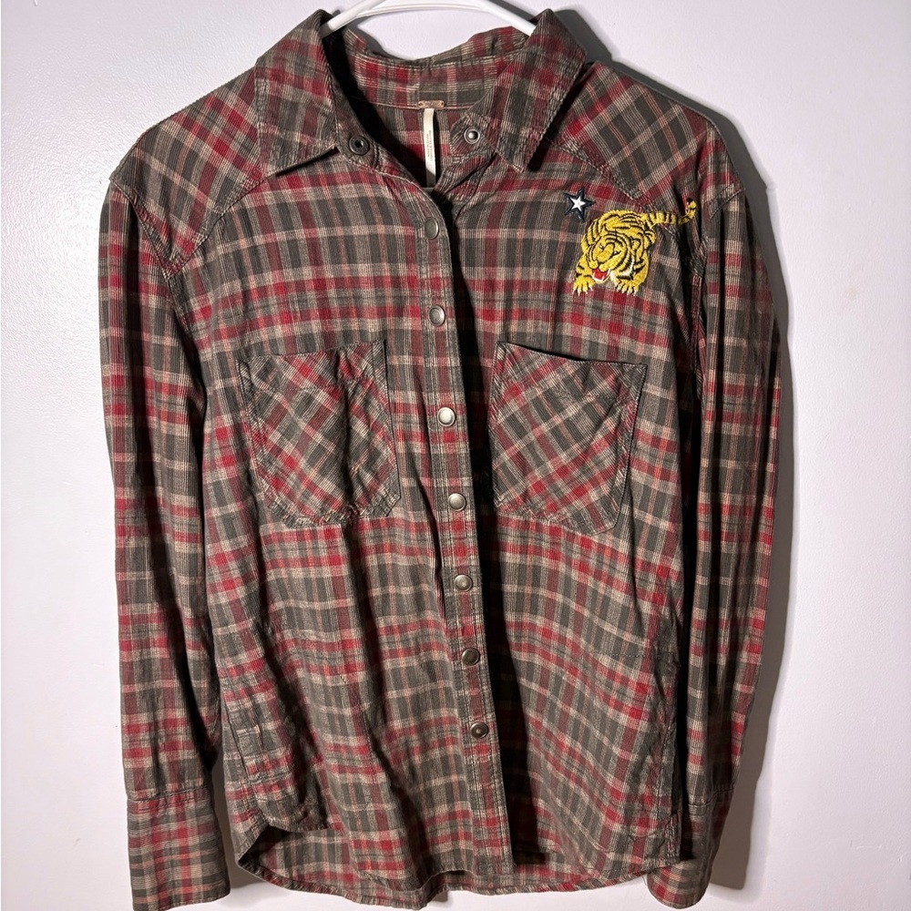 Free People We the Free “Into the Wild” Embroidered plaid flannel button down